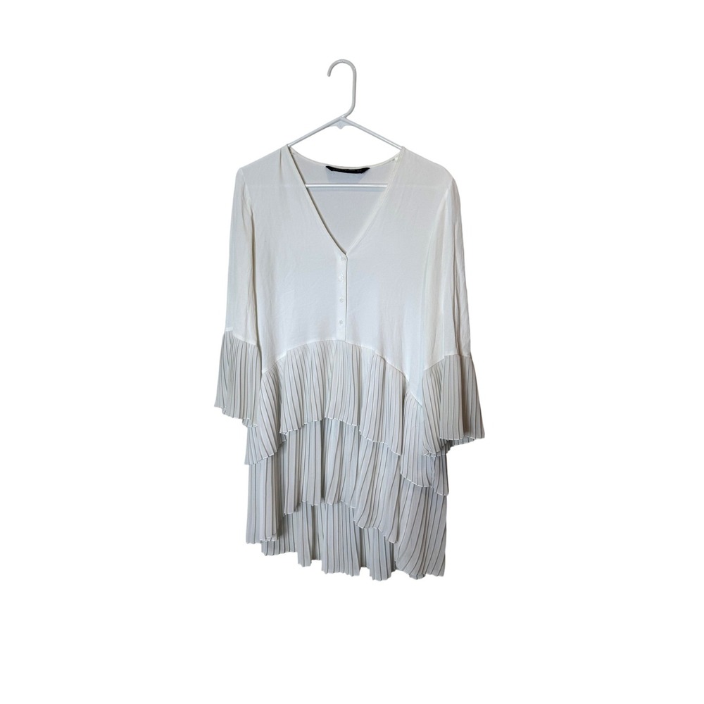 Zara Woman Dress Womens XS White Pleated Tiered Bell Sleeve Boho Mini Ruffle